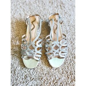 Nina Silver Glitter Strappy Wedge Sandals Slingback Formal Evening Shoes 6.5M
